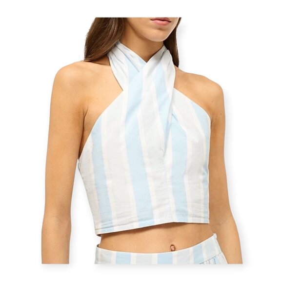 Staud Kai Striped Cotton Halter Top L Cropped Smocked V-Neck Sleeveless NWOT - Picture 14 of 14